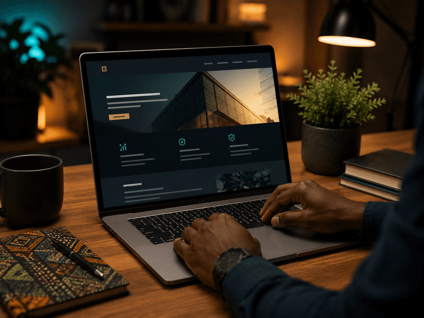 Developer reviewing website layout and code across two monitors
