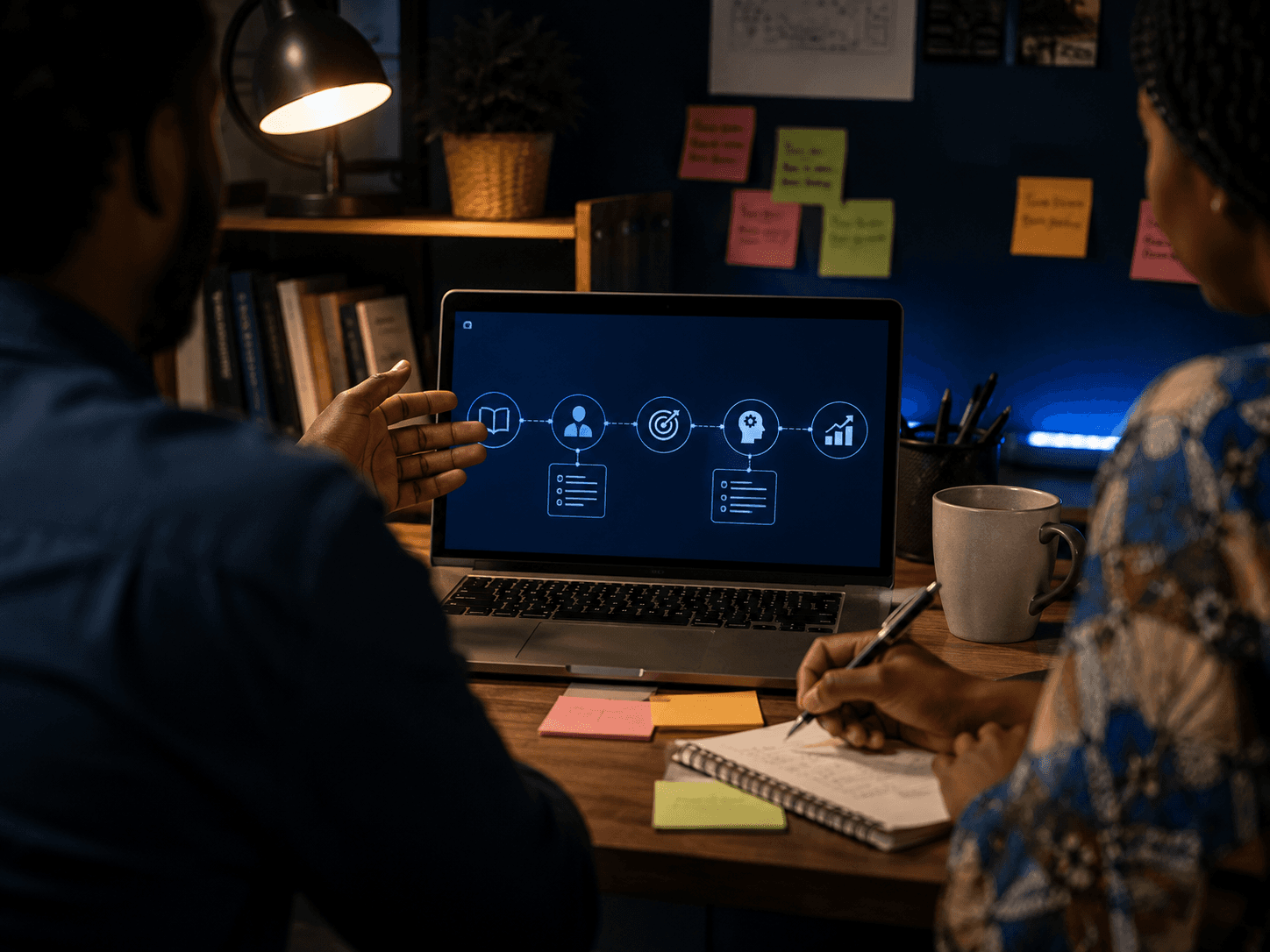 Senior and junior colleague reviewing code together on a shared monitor